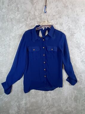 Womens Button-Front Long Sleeve Sheer Blouse - Royal Blue